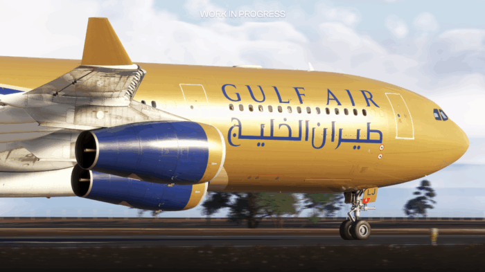 A Gulf Air A340, developed by iniBuilds for MSFS 2024.