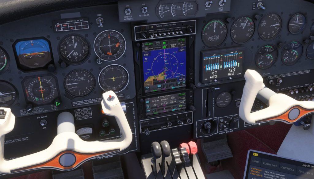 The highly-detailed cockpit of A2A Simulations' Aerostar 600.