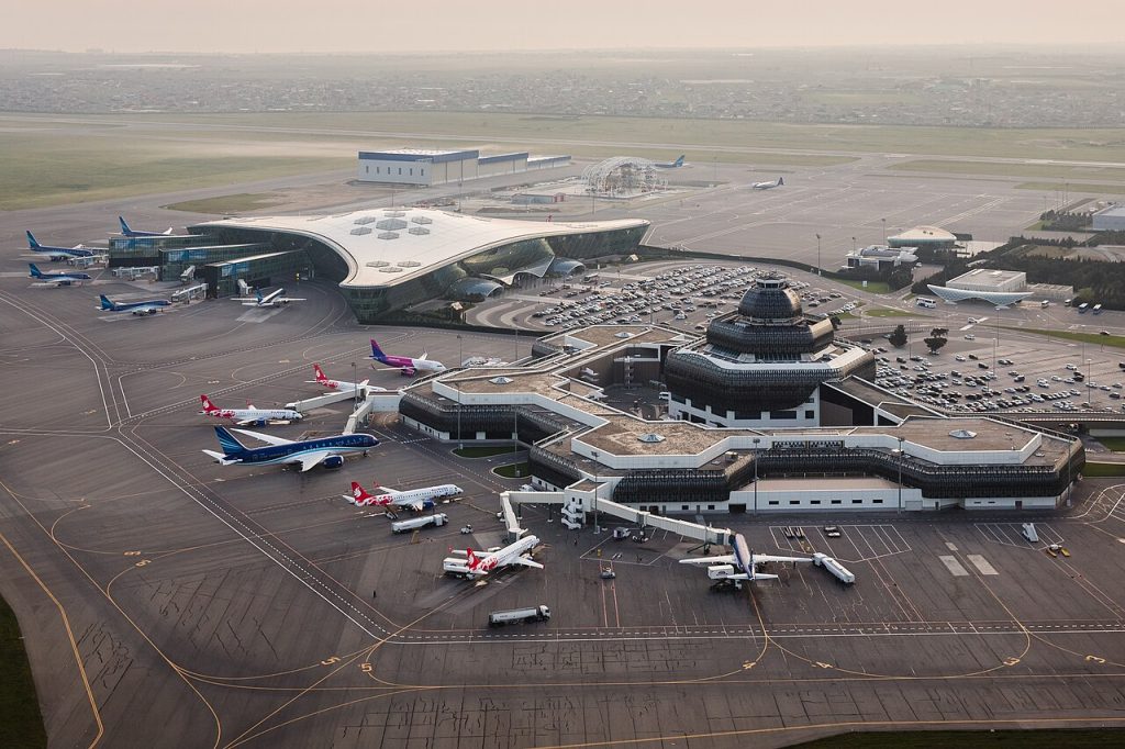 Aerial view of Heydar Aliyev International airport's Passenger terminal.