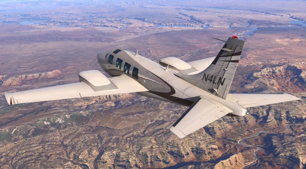 The Piper Aerostar 600 airborne in Microsoft Flight Simulator 2024.