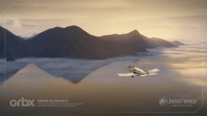 A light aircraft navigates Jurassic World: Archipelago.