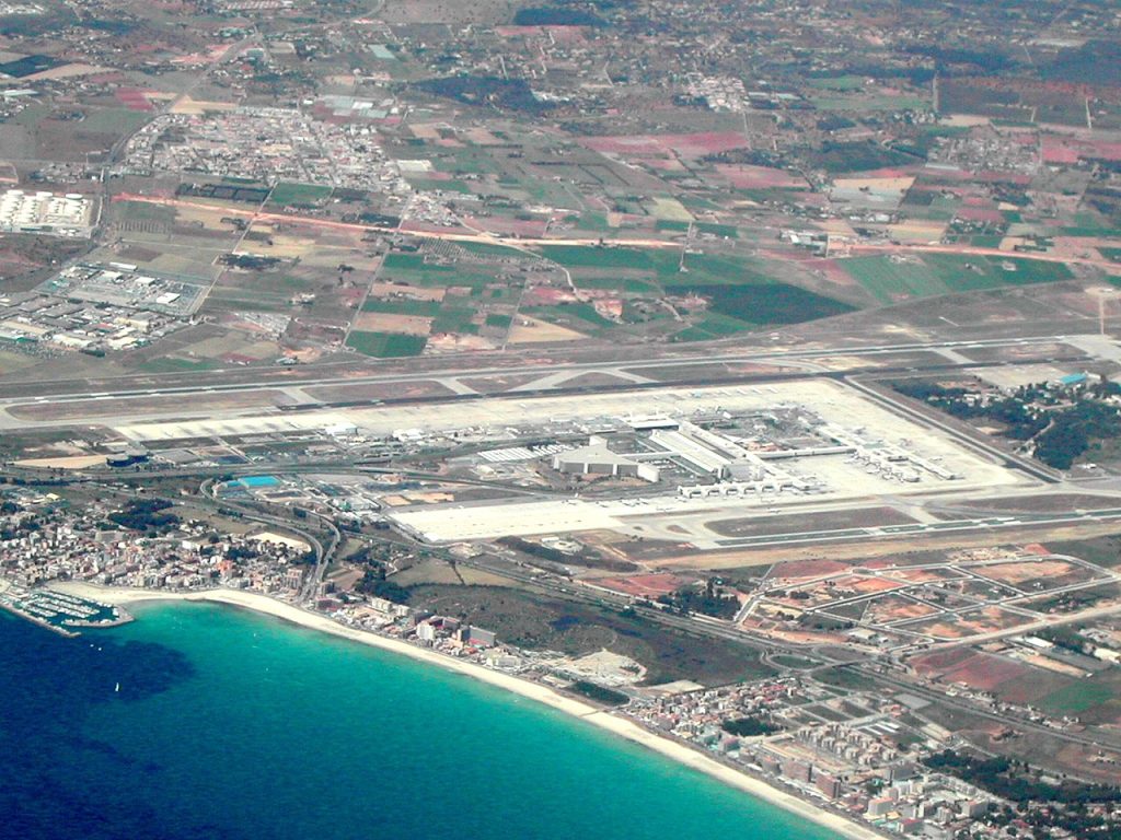 Aerial view of Palma de Mallorca Airport's terminal and apron
