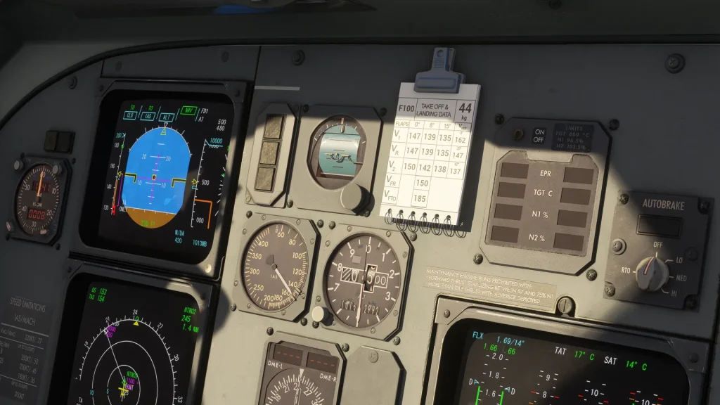 In sim view of Just Flight's Fokker F100 / F70 Interactive Speed FlipChart on cockpit panel.