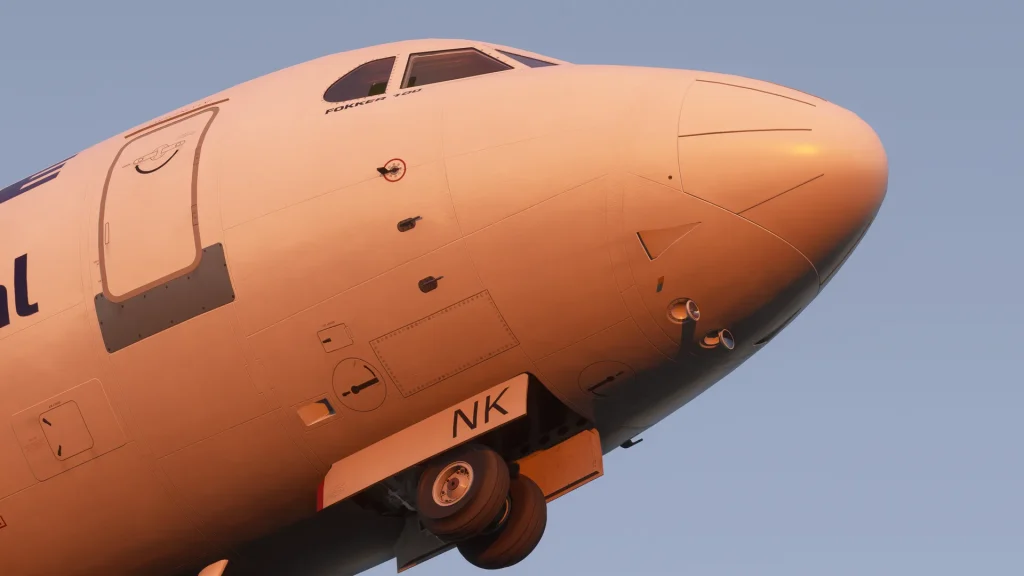 In sim view of Just Flight's F100 / F70 Add-on aircraft for MSFS raising its gear after a sunset take-off