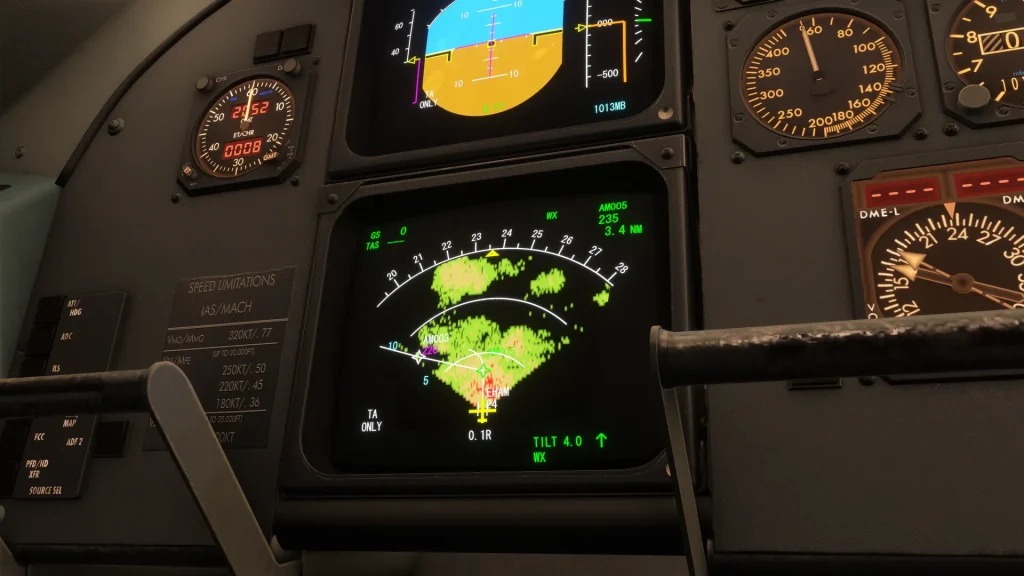In sim view of Just Flight's Fokker F100 / F70 CRT EFIS ND with weather radar