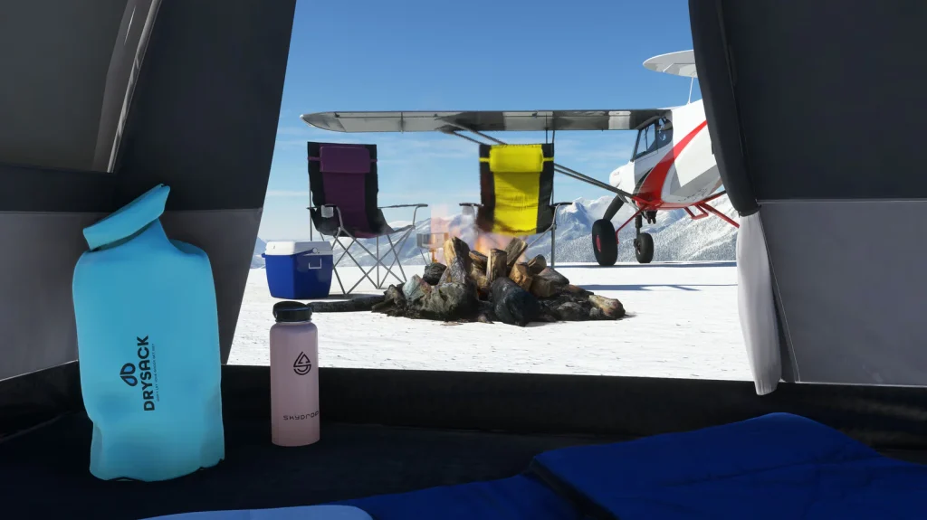 Parallel 42's campout utility in full swing with tent, campfire, outdoor chairs under the wing of a small aircraft somewhere in the icy wilderness of a mountain range. 