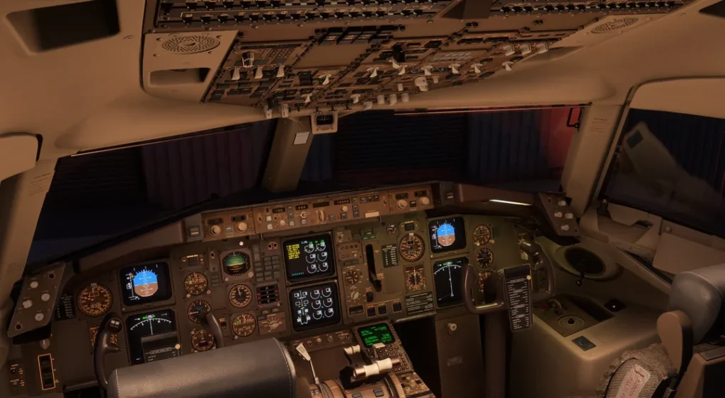 BlueBird 757 in MSFS 2024 cockpit during the night