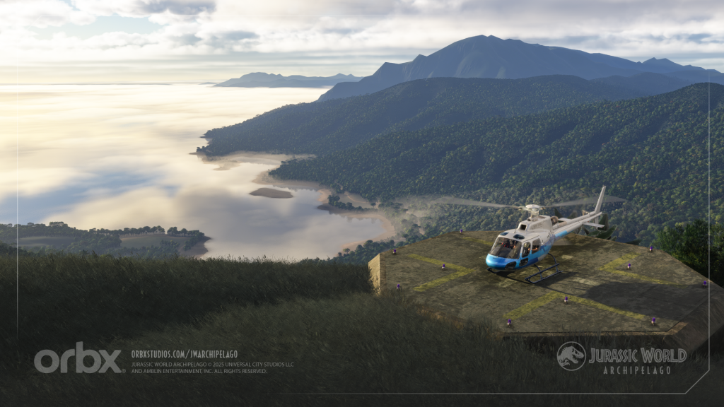 A helicopter sits on a helipad, above the peaks of the Muertes archipelago.