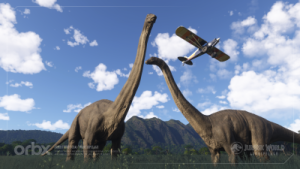 A light aircraft overflies a group of Brachiosaurus in MSFS.