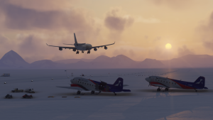 The iniBuilds A340 approaching Wolf's Fang Runway with DC-3's in the background.