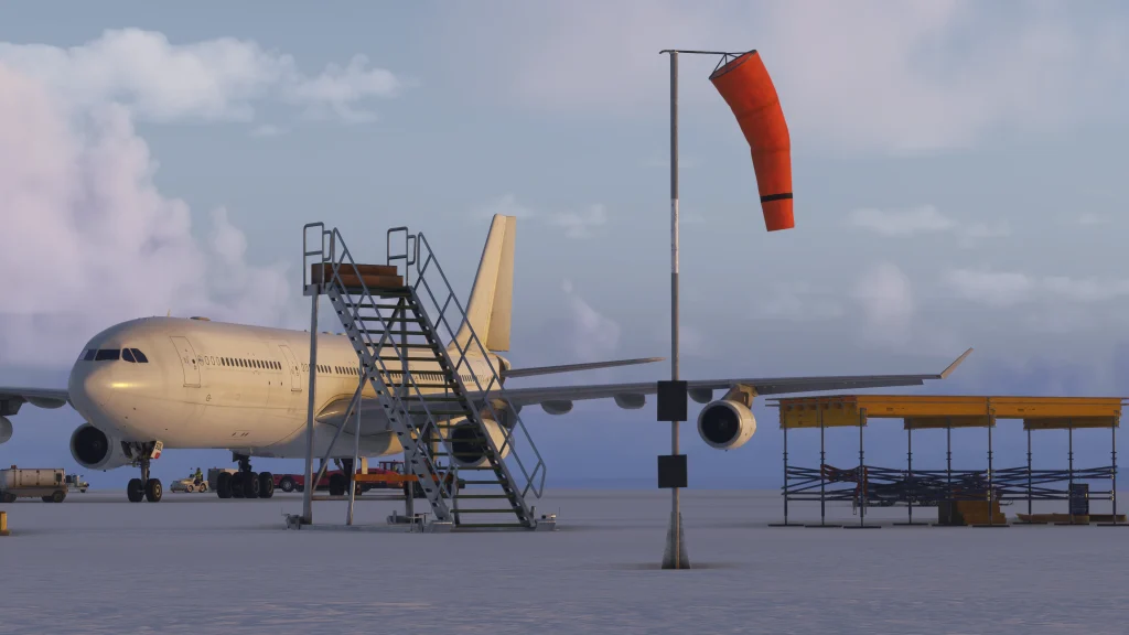 Static elements with the incoming iniBuilds A340 in the background - iniBuilds Wolf's Fang Airport