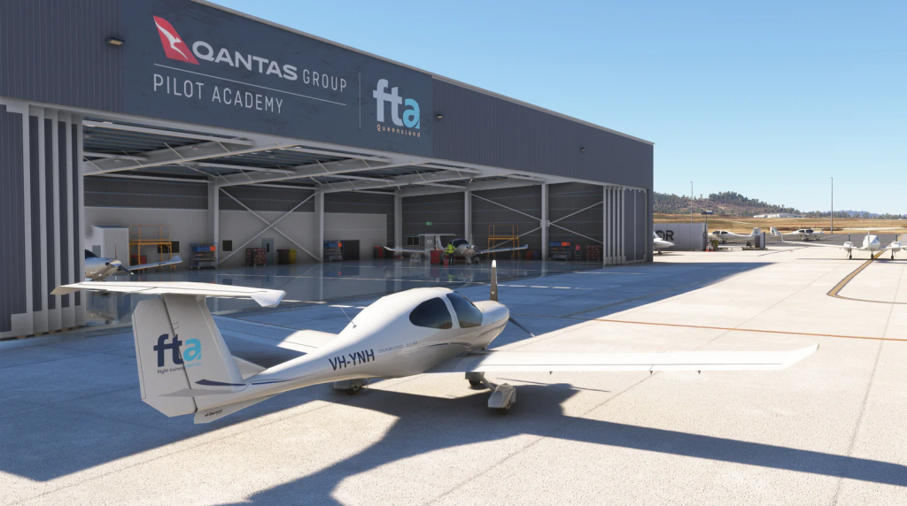 An FTA Diamond aircraft sits outside the Qantas hangar.