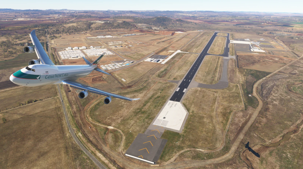 A Cathay Pacific 747 departs from Toowoomba Wellcamp Airport in MSFS.