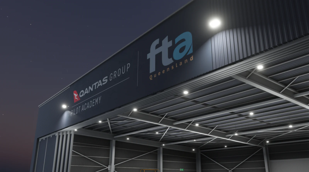 The Qantas hangar at Toowoomba Wellcamp Airport in MSFS.
