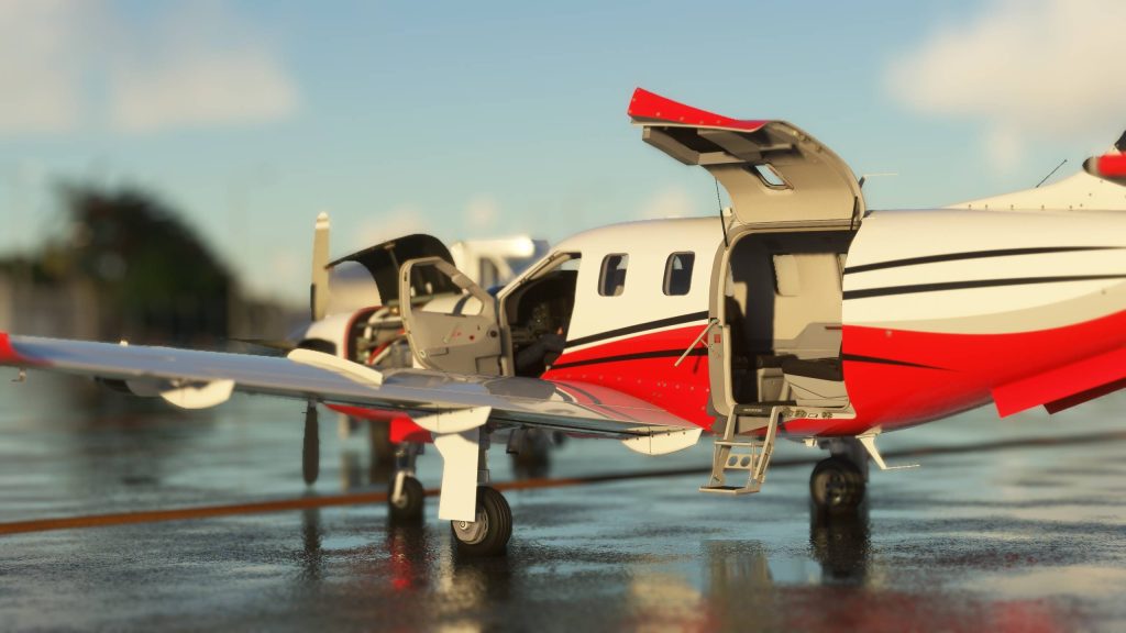 In sim view of BlackSquare's TBM 850 on the apron with all doors opened. 