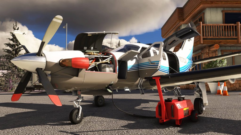 In sim view of BlackSquare's TBM 850 on the apron with all doors opened. 