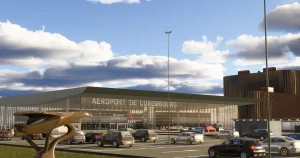 Insim view of Atelic's Luxembourg airport for MSFS 2020 & 2024 terminal viewed from the carpark.