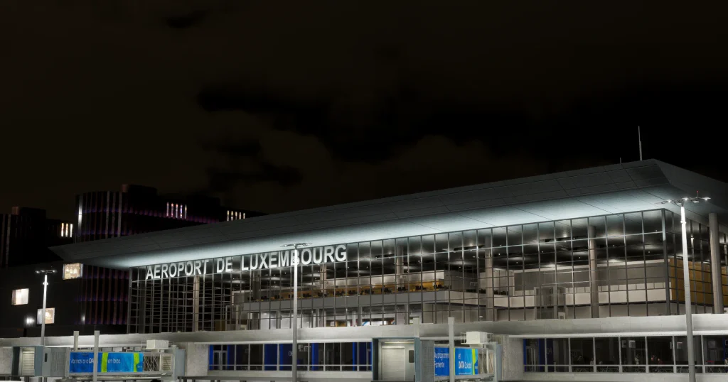 Insim view of Atelic's Luxembourg airport for MSFS 2020 & 2024 terminal at night