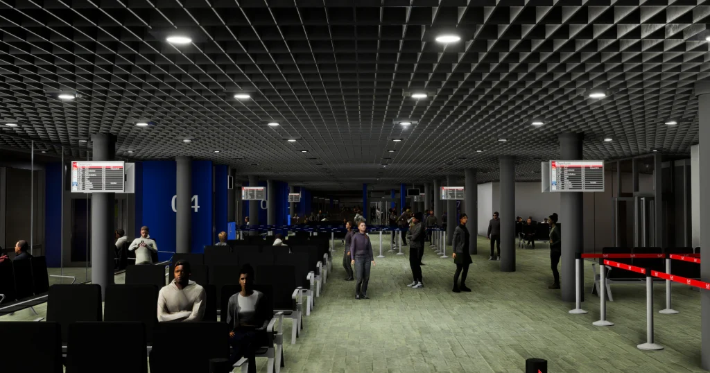 Insim view of Atelic's Luxembourg airport for MSFS 2020 & 2024 Inside of the passenger terminal