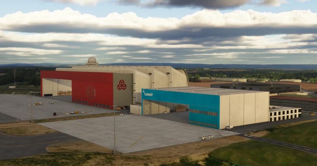 Insim view of Atelic's Luxembourg airport for MSFS 2020 & 2024 Luxair and cargolux Hangar.