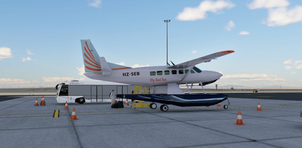 A Fly Red Sea static aircraft on the apron.