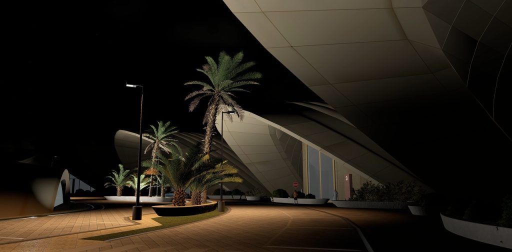 Night lighting illuminates the airport landside in X-Plane 12.
