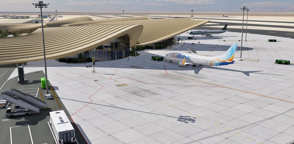 The main passenger terminal at Skydom's Red Sea International Airport is fully modelled.