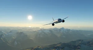 In sim view of ToLiss' A320 NEO flying over the alps