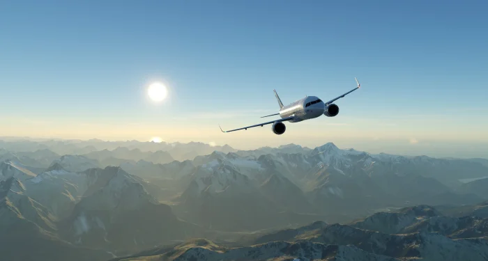 In sim view of ToLiss' A320 NEO flying over the alps