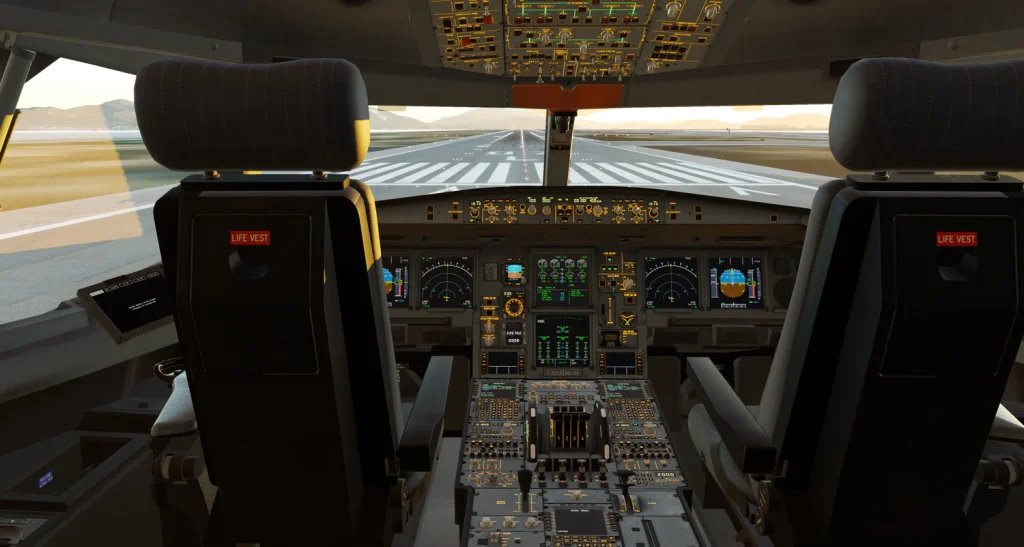 In sim view of ToLiss' A340 cockpit on takeoff