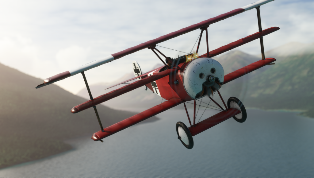 In sim view of Got Friends' Fokker DR1 Flying above the Fjords