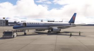 In sim view of Bluebird Simulation's Boeing 757 in China Eastern livery on an airport apron