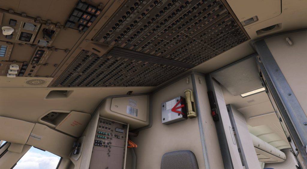 In sim view of Bluebird Simulations' Boeing 757 cockpit. this shot focuses on the overhead panel, partcularly the circuit breakers section.