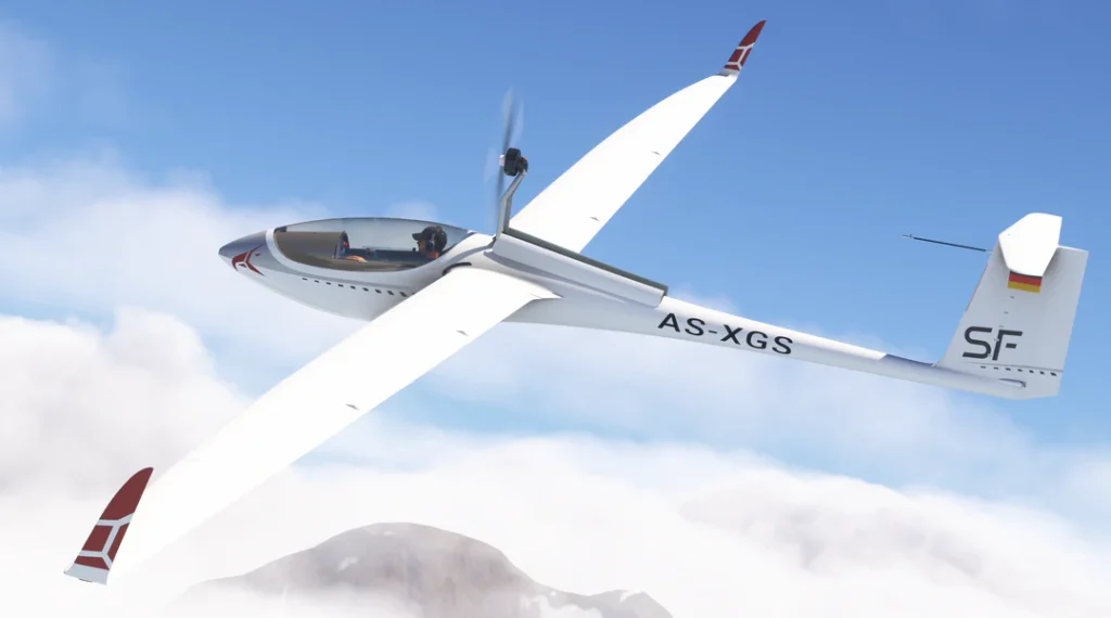 In sim view of Got Friends' AS 33 glider flying over the mountain tops with its engine on.