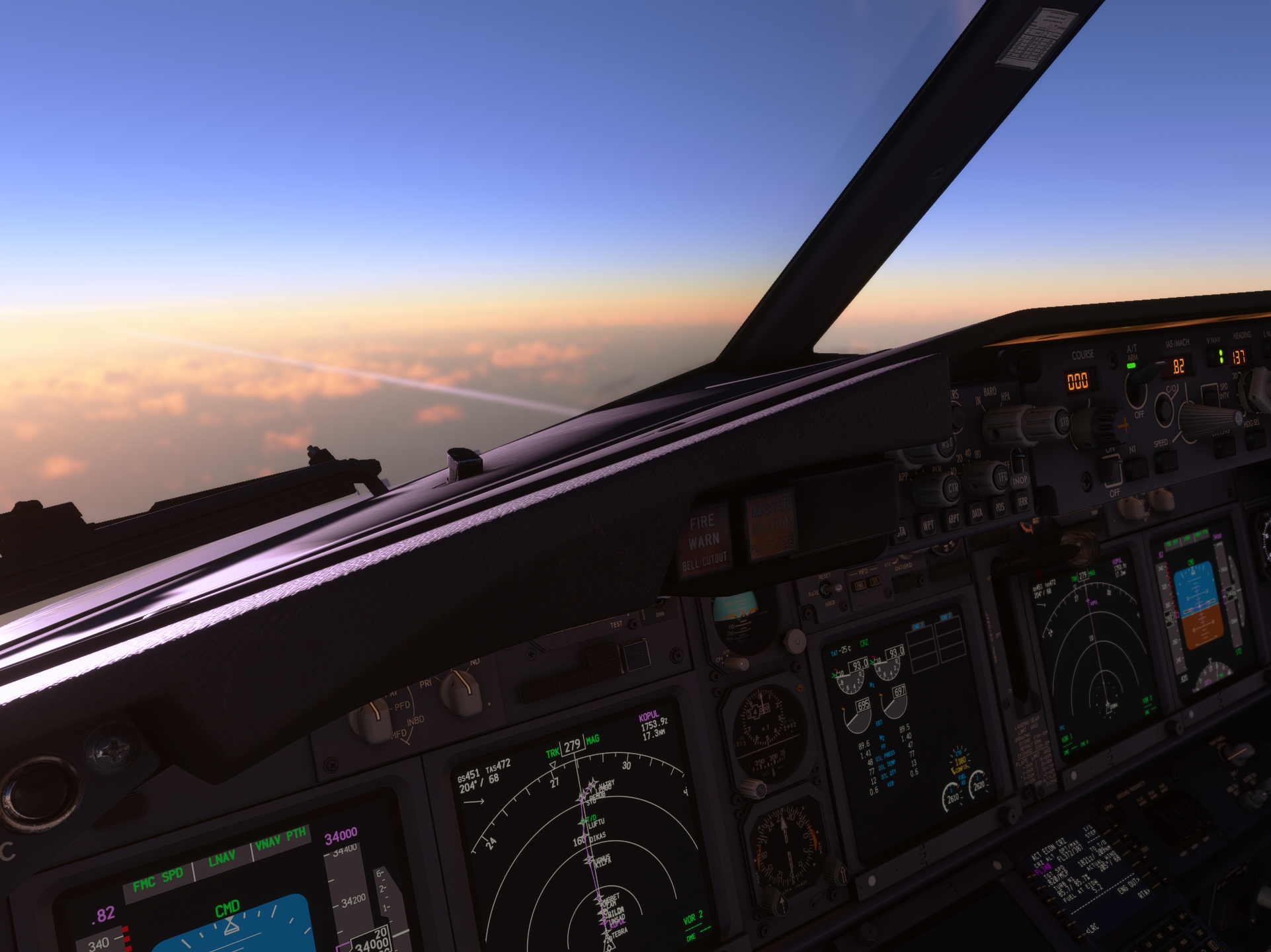 The PMDG 737-800 cockpit in MSFS 2020.