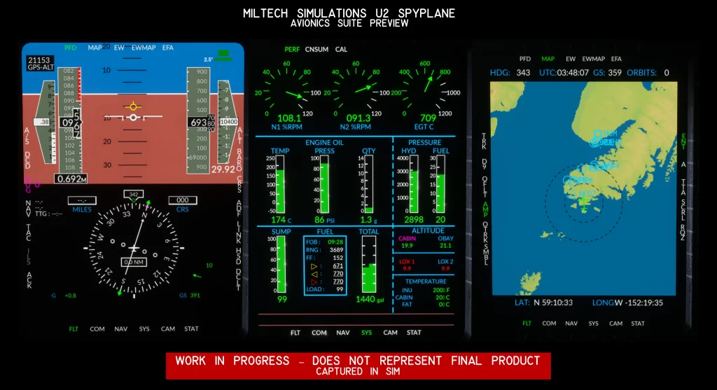  In sim view of Miltech's Avionic suite for their upcoming U2 Spyplane for MSFS 2020 and 2024