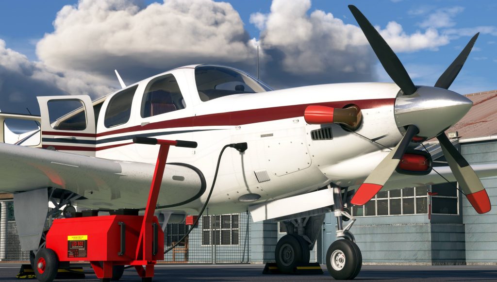The GPU is seen attached to the Bonanza in MSFS.