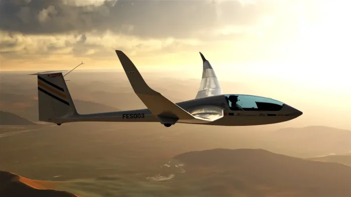 In sim view of Got Friends' Discus-2c Premium soaring at sundown