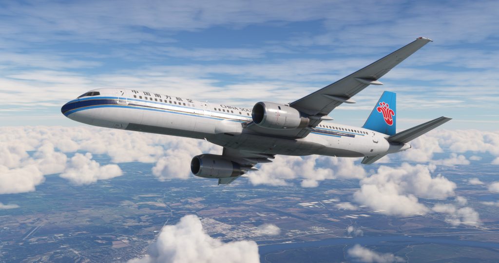 In sim view of Bluebird Simulation's Boeing 757 in China Southern livery flying among the clouds