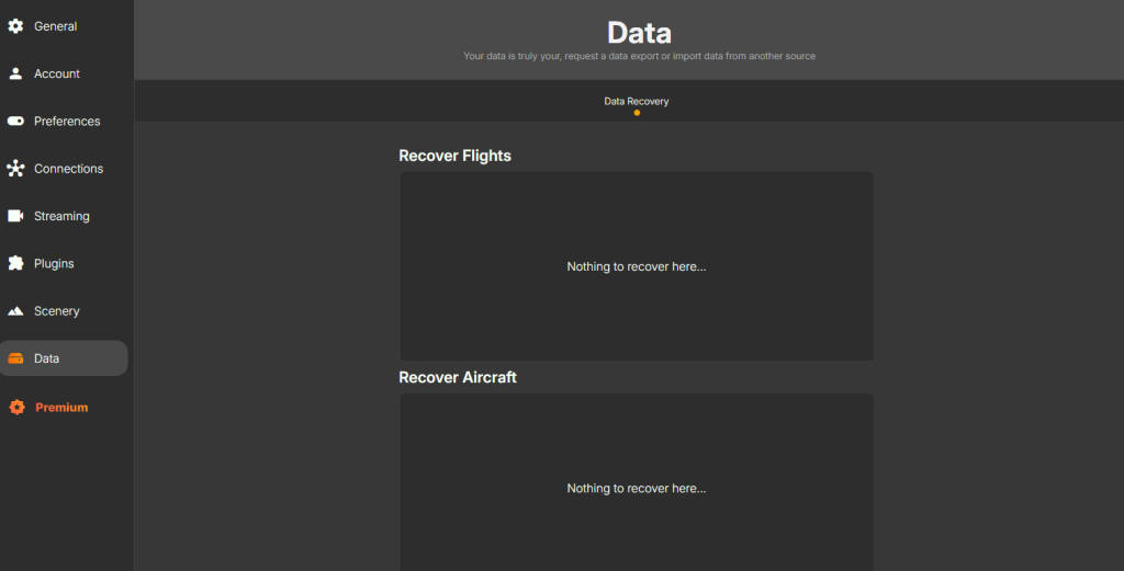 ELEVATEX data export and import screen