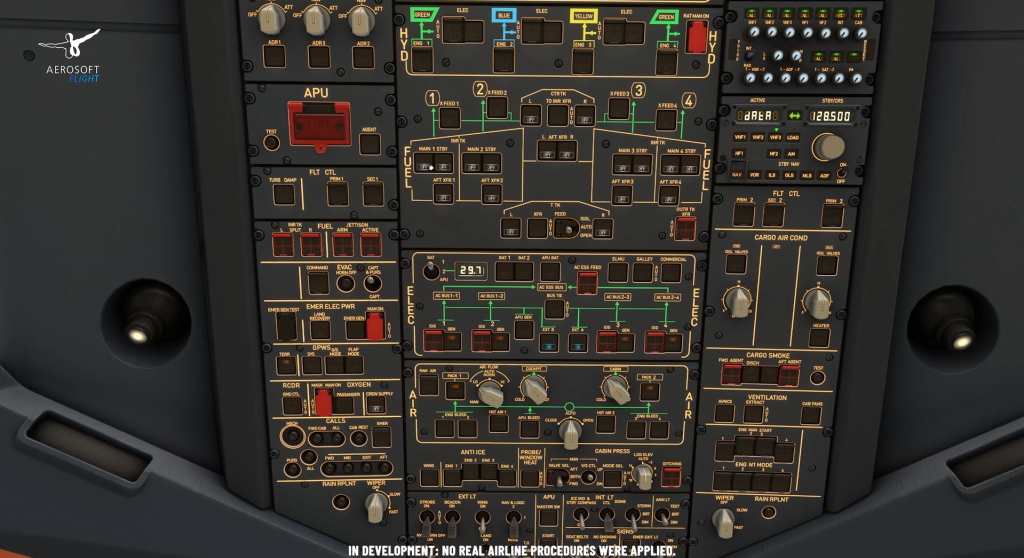 The fuel section of the overhead panel featuring the several fuel pumps of the A340-600