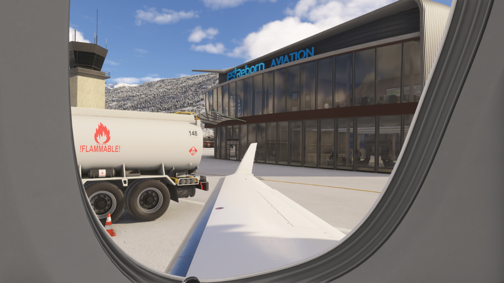 FSReborn Phenom 300E wing view and FBO pictured in MSFS 2024