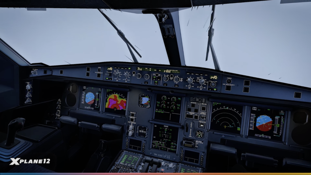 In sim view of X-Plane 12.3.0 new Weather Radar inside the cockpit of the stock A330