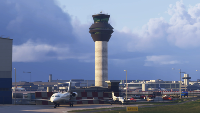 Manchester Airport's tower in iniBuilds' rendition of EGCC.