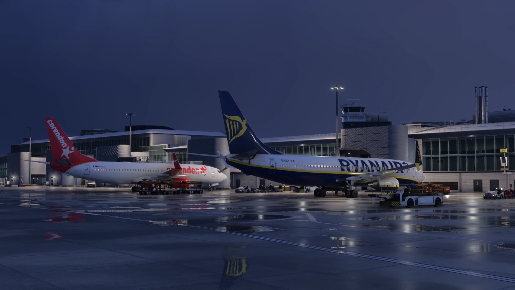 Night lighting in MSFS 2024 illuminates the ground and rain puddles.