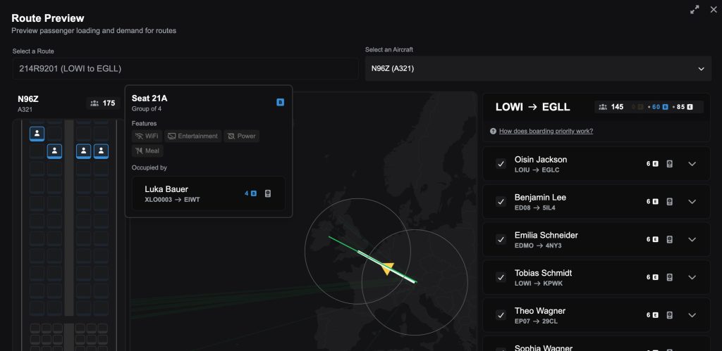 The route preview now shows the exact aircraft layout.