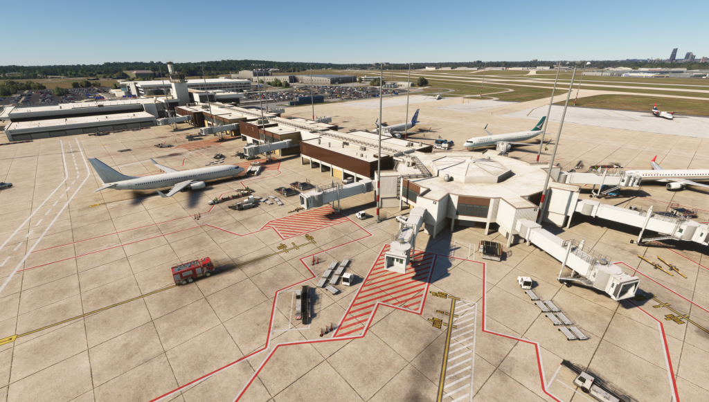 Aerial view of the KLIT airport terminal and ramp.