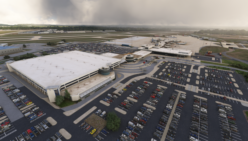KLIT airport terminal building, parking garage, and parking lots.