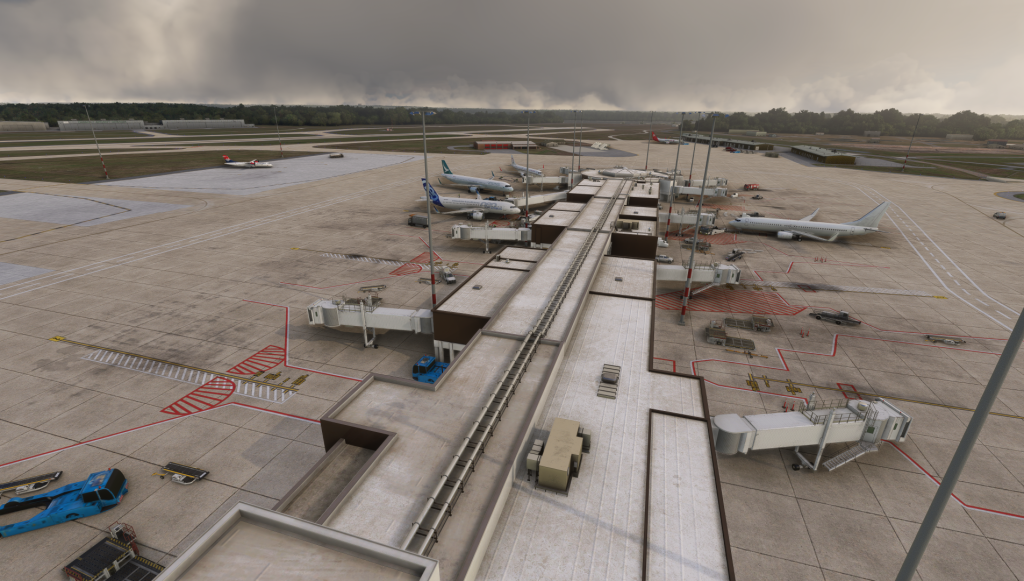 Close-up aerial view of airport terminal.