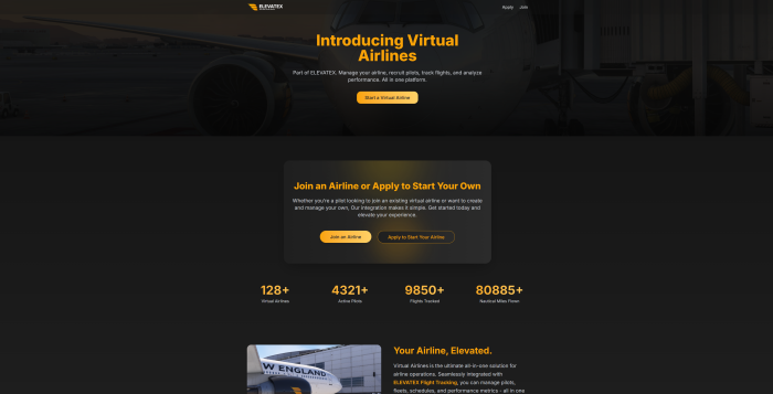 ELEVATEX Virtual Airlines website landing page
